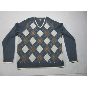 Merino Wool Argyle Sweater Mens XL Blue Brown V Neck Pullover Black Brown 1826